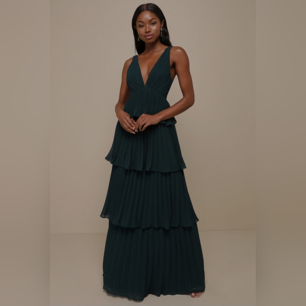 Lulus | Mesmerizing Essence Emerald Pleated Backless Tiered Maxi Dress